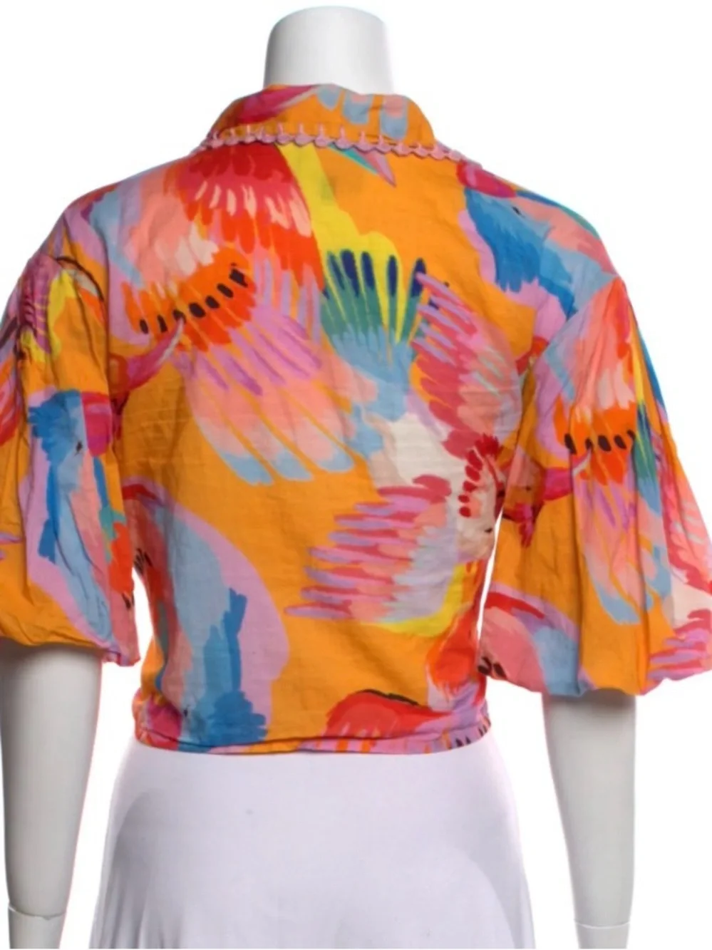 Farm Rio Neon Macaws Buttoned Blouse Multicolor Cropped Top